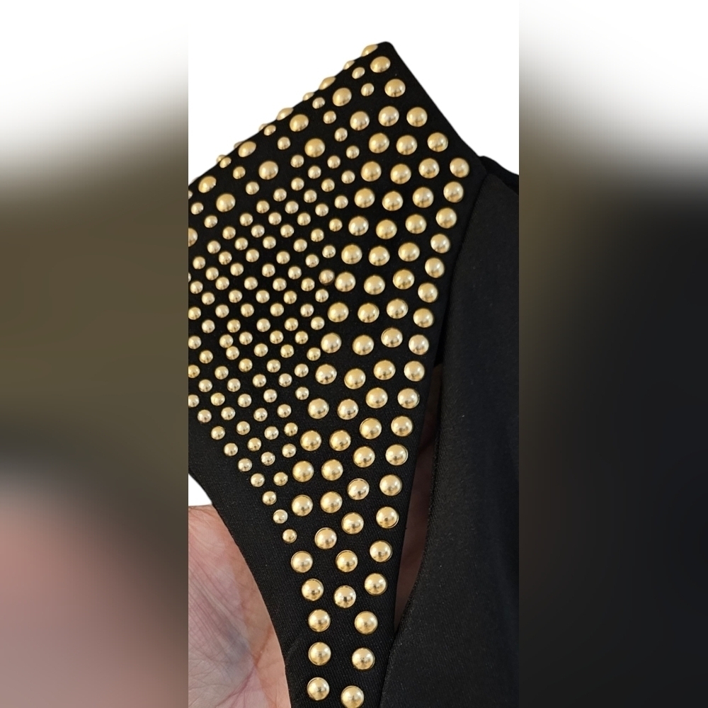 Sans Souci -Mini Sleeveless Black Golden Studded Slit Shoulder Hem Bodycon Dress - Picture 4 of 8